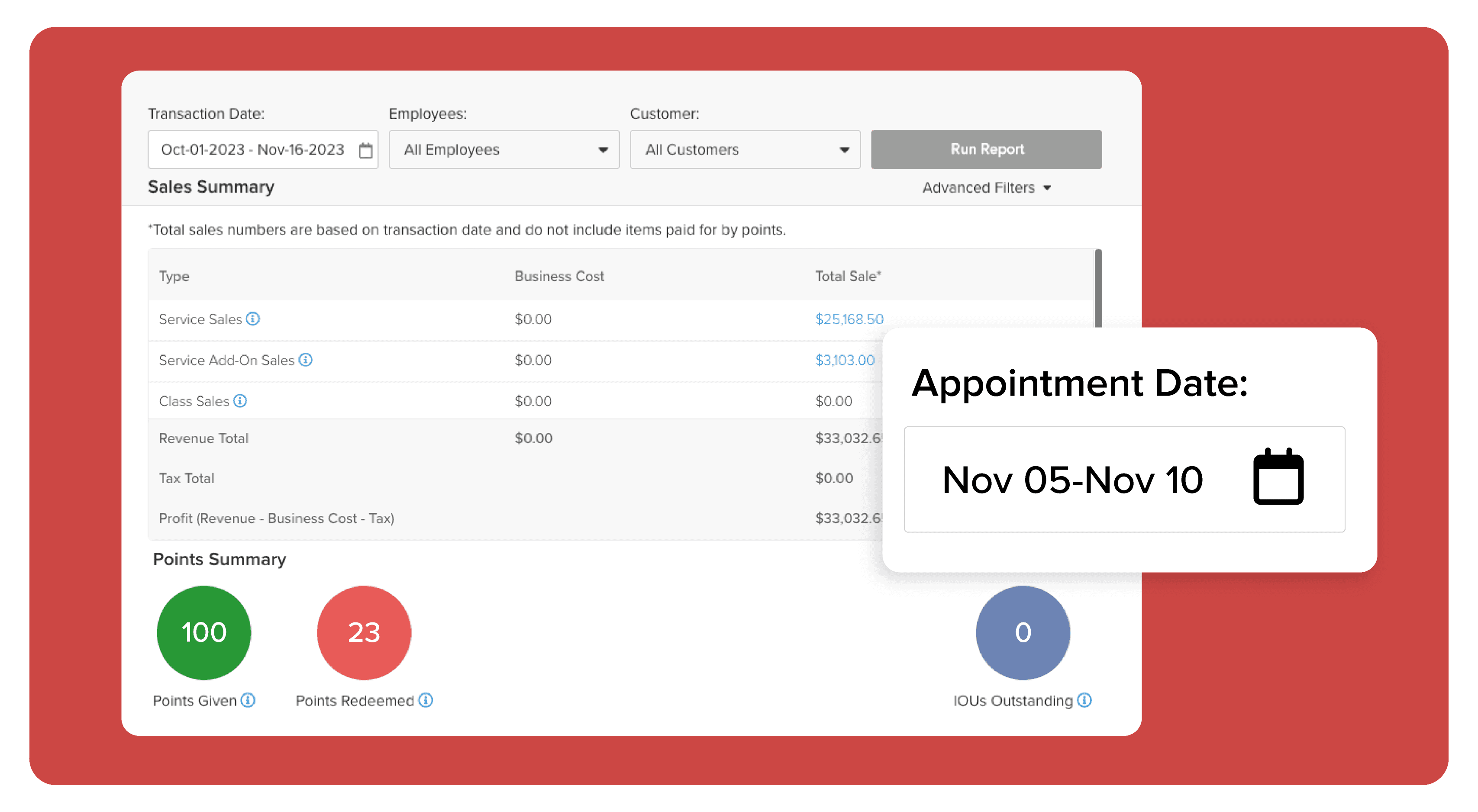 Filter the Sales Summary by Appointment Date