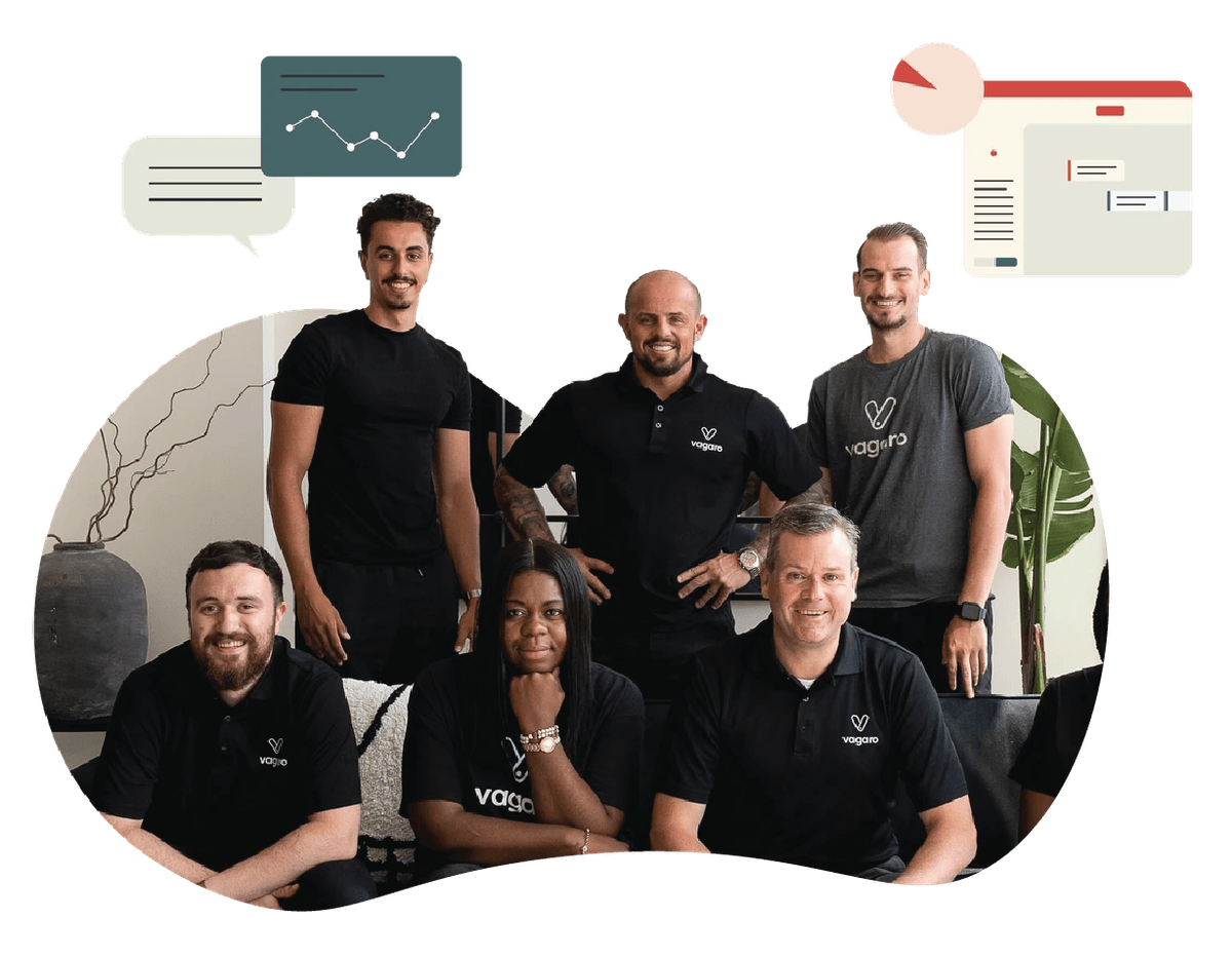 A group photo of the Vagaro team wearing branded Vagaro t-shirts.