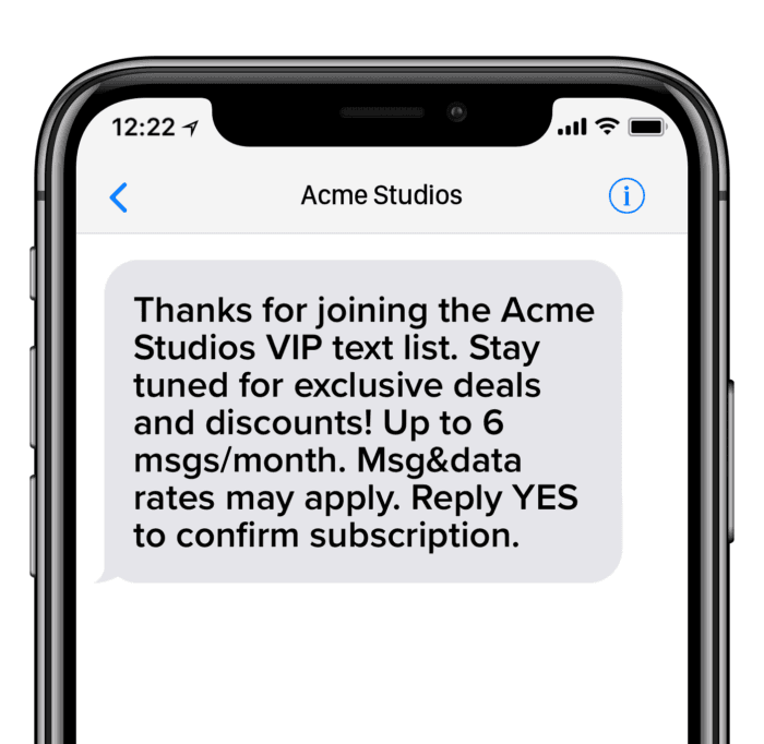 Phone screen opt in text welcome to Acme Studios VIP text program.