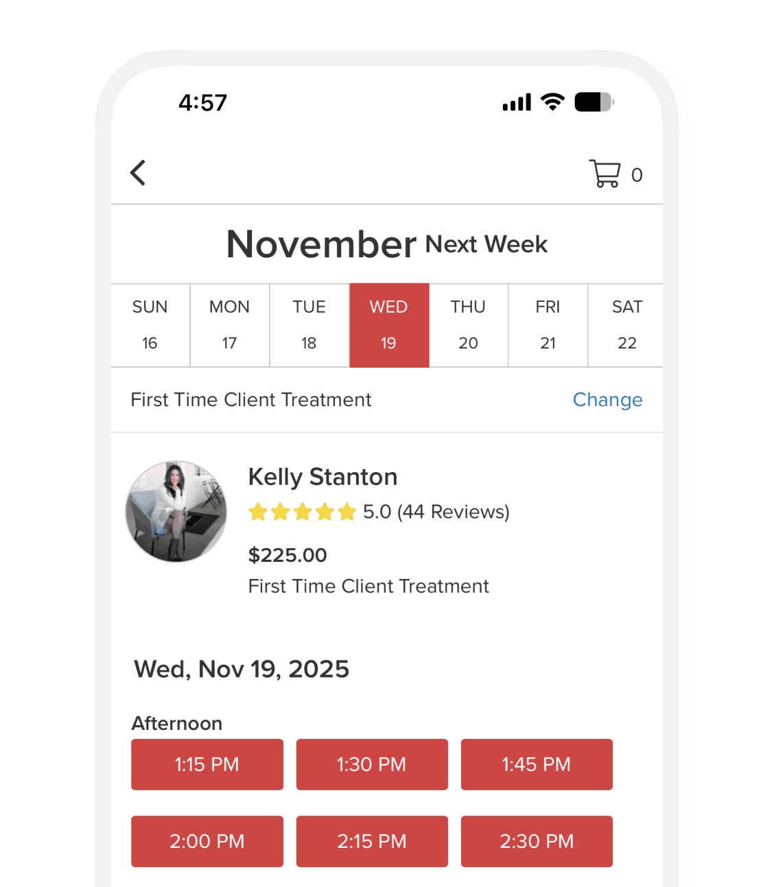 Mobile online booking and scheduling screen displaying service providers and appointments available