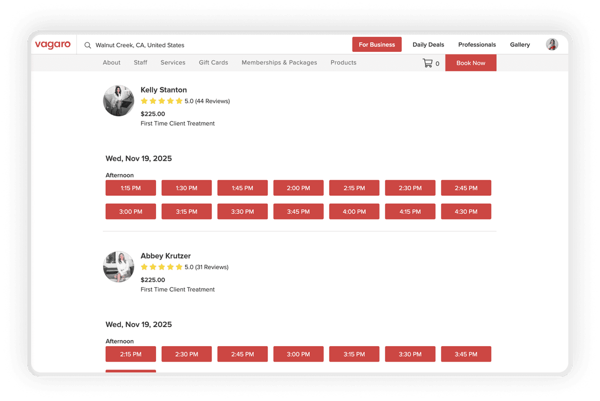 Online booking and scheduling screen displaying service providers and appointments available