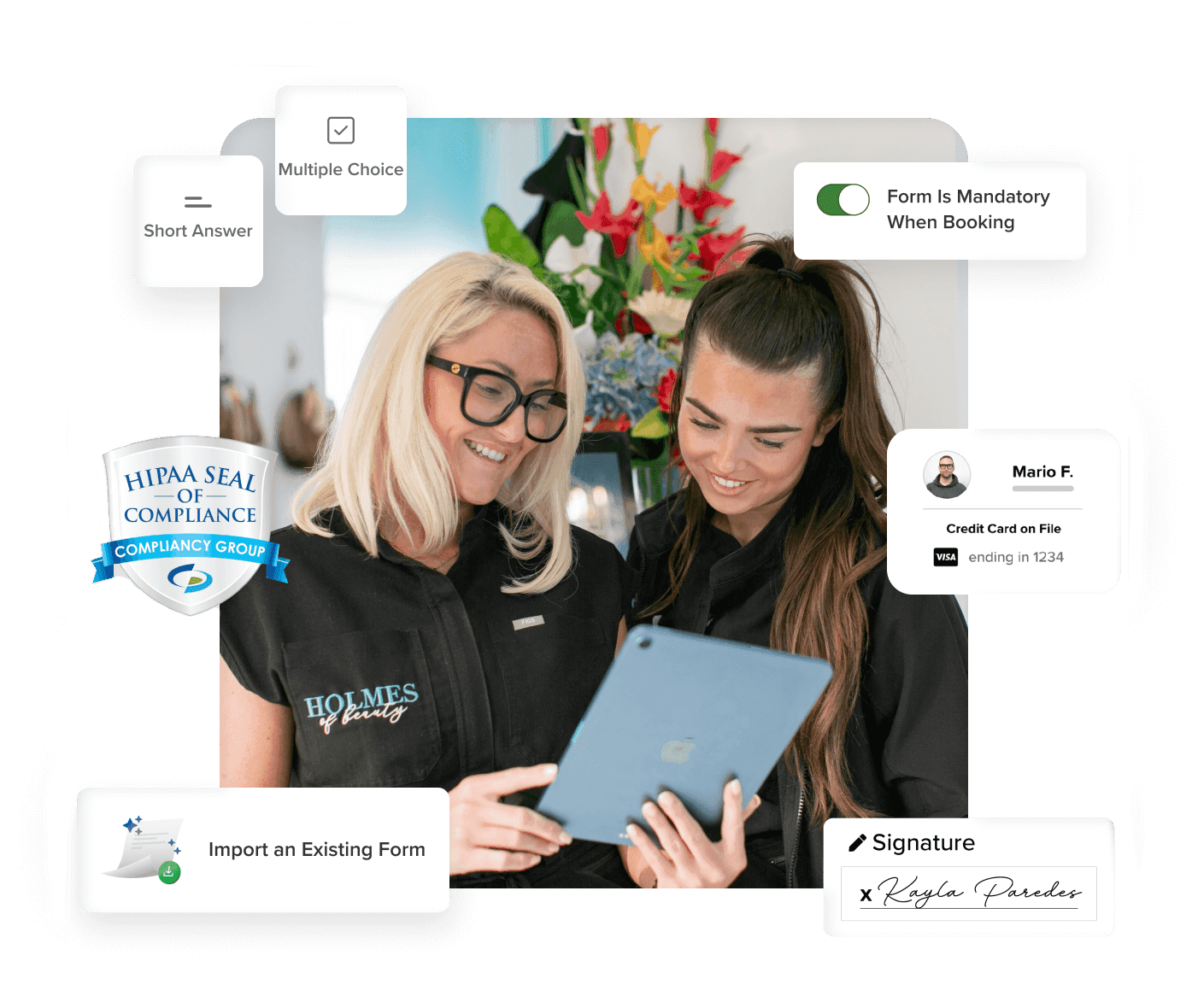 Beauty professionals reviewing a client intake and liability form on their mobile device with HIPAA compliance badge