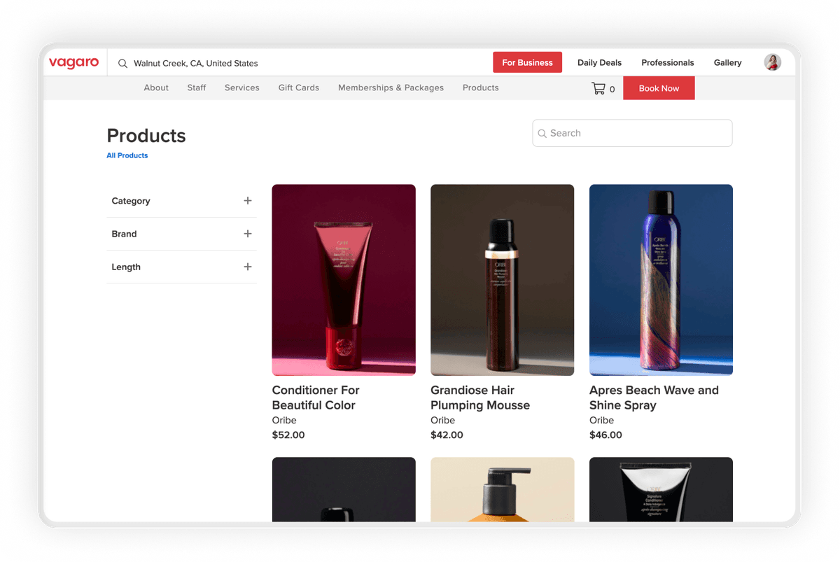 Screen displaying a salon's online store selling beauty products