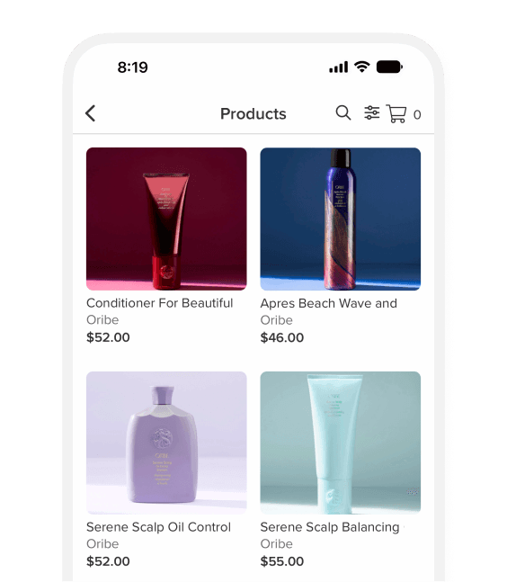 Mobile screen displaying a salon's online store selling beauty products
