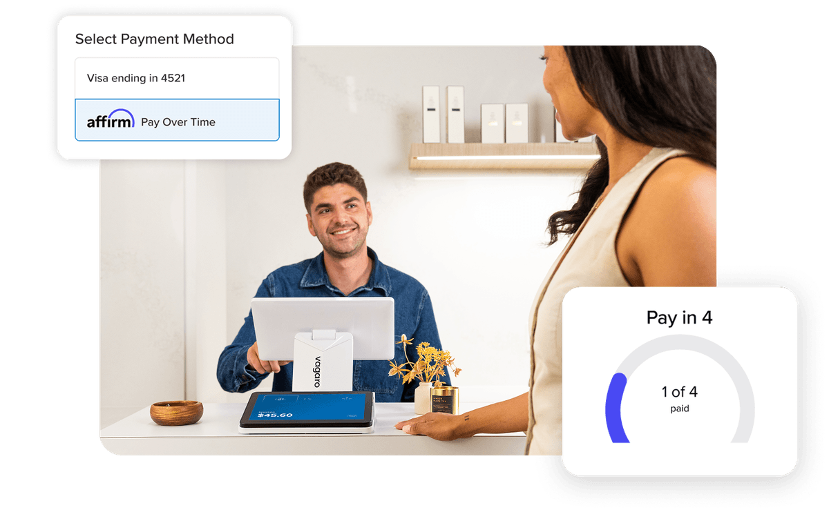 Client paying at business front desk using buy now, pay later by Affirm