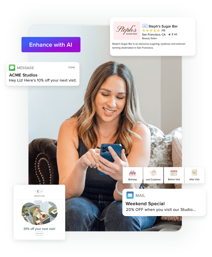 Business owner using email and text marketing app to build a campaign that will boost client bookings