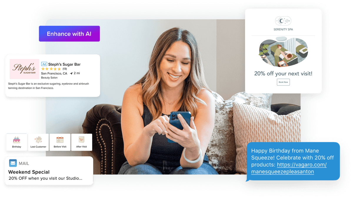 Business owner using email and text marketing app to build a campaign that will boost client bookings