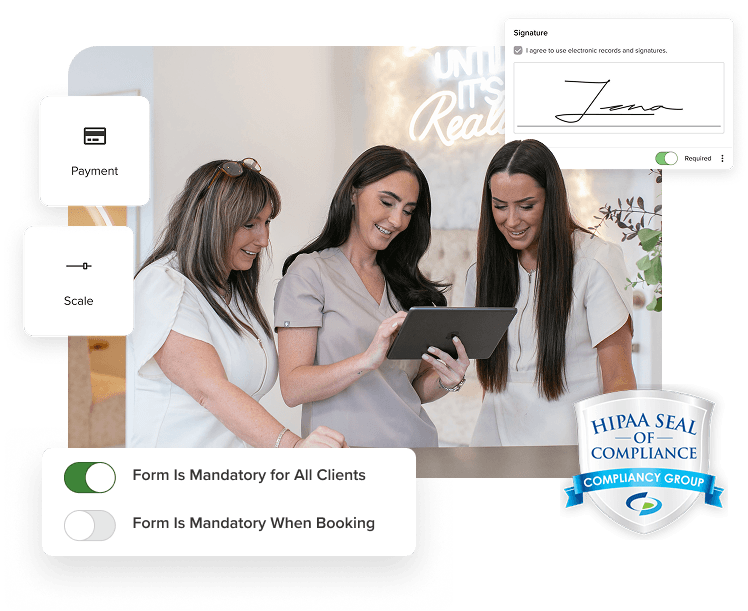 Spa professionals using SOAP note software with signature and payment capabilities with a HIPAA Compliance badge