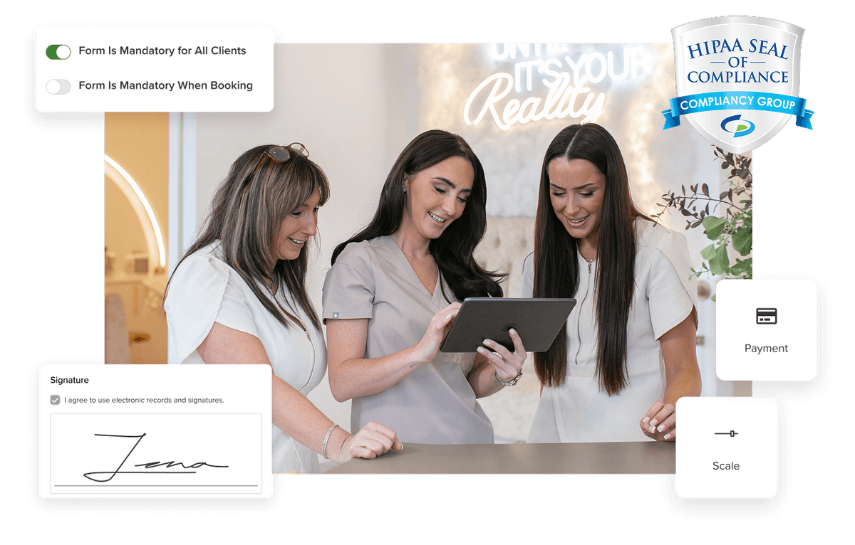 Spa professionals using SOAP note software with signature and payment capabilities with a HIPAA Compliance badge