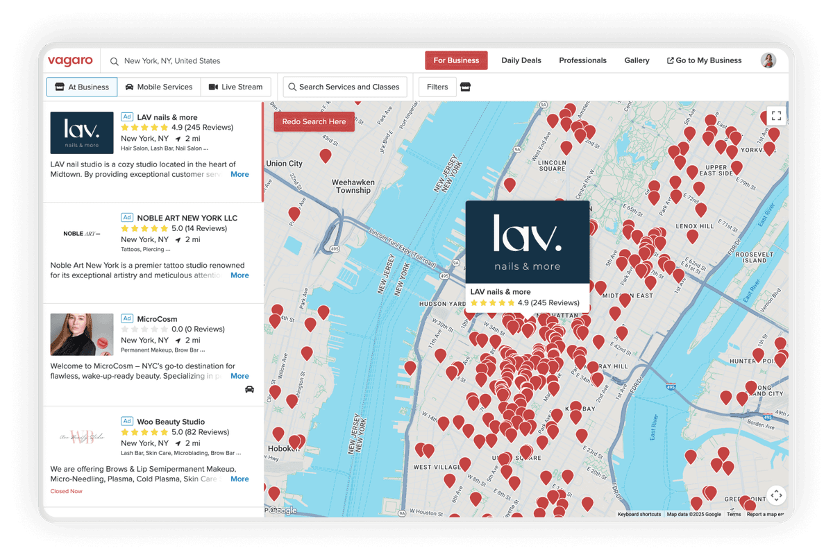 Screen showing beauty, wellness and fitness marketplace map to discover nearby businesses