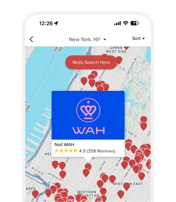 Mobile screen showing beauty, wellness and fitness marketplace map to discover nearby businesses