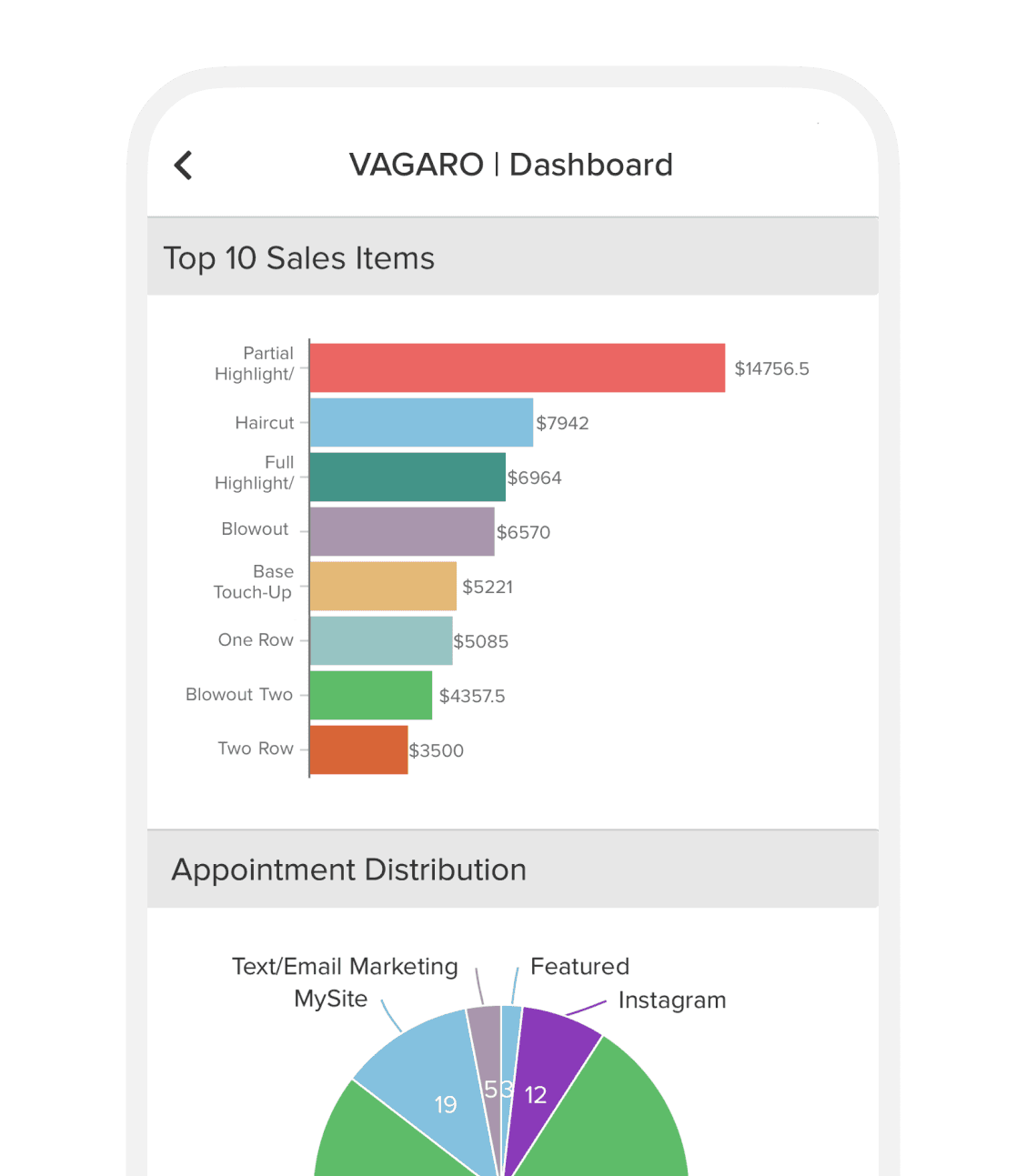 mobile software screen displaying salon business reports and insights