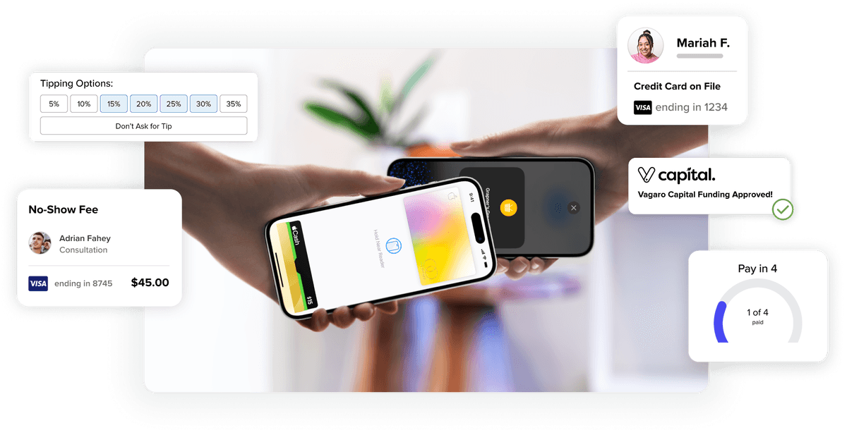 Salon payment with tap to pay and graphics showing no-show appointment fees