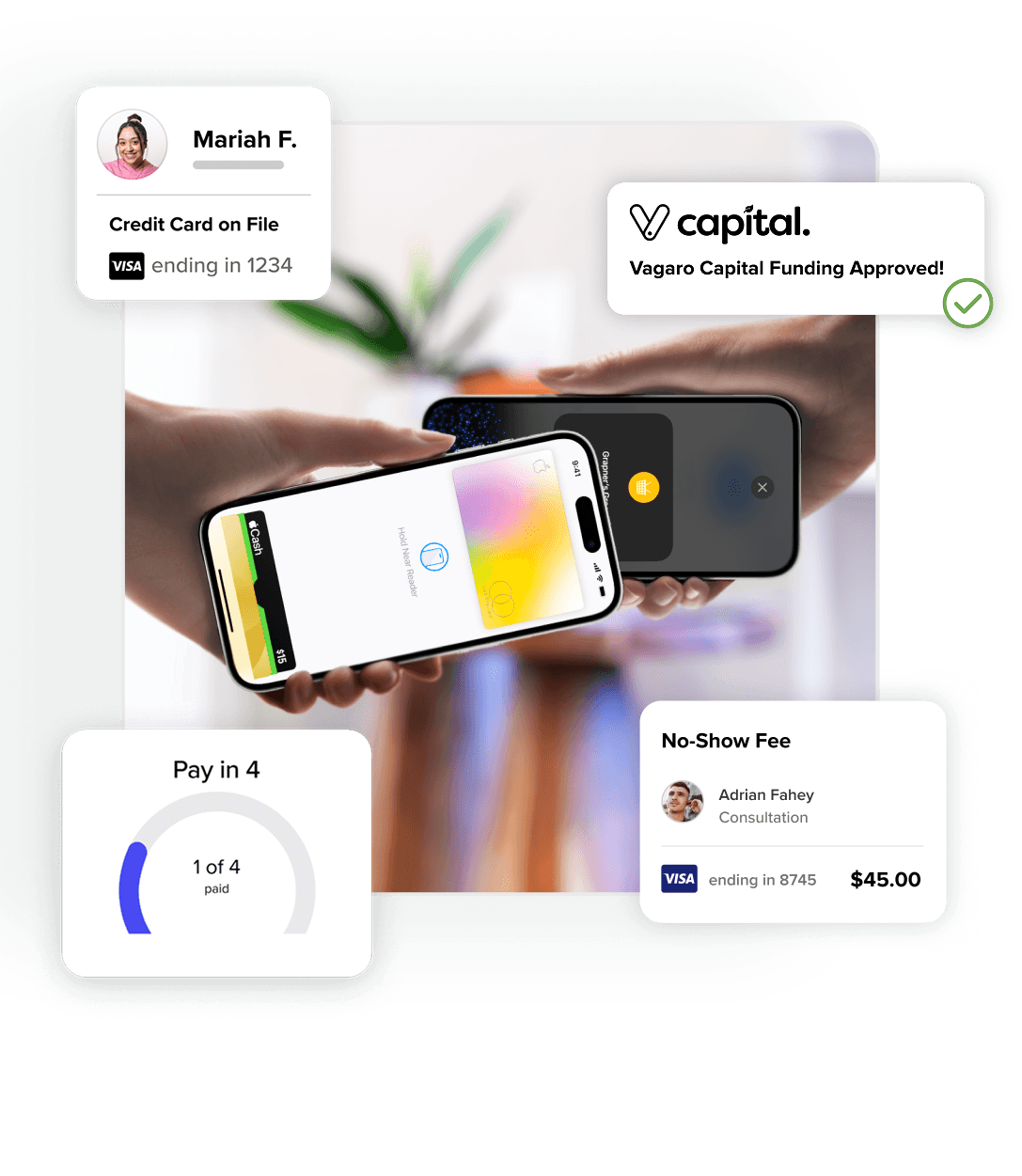Salon payment with tap to pay and graphics showing no-show appointment fees