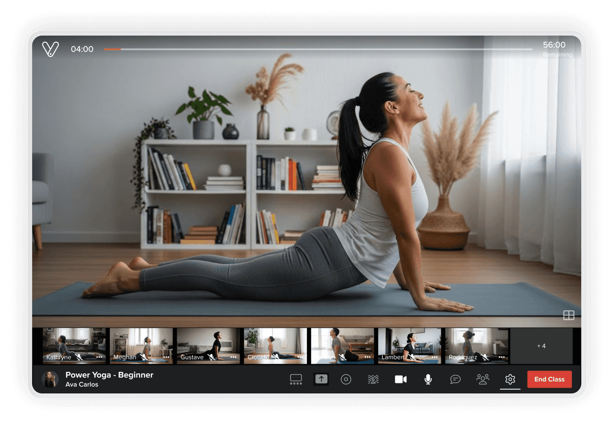 Yoga instructor teaching a class via live stream on Vagaro