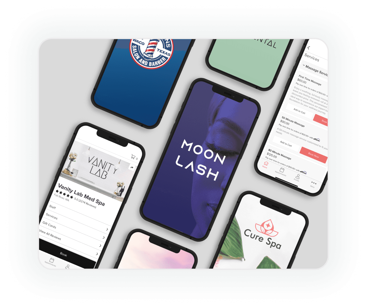 Mobile devices showing a variety of custom business apps for online booking and appointment scheduling