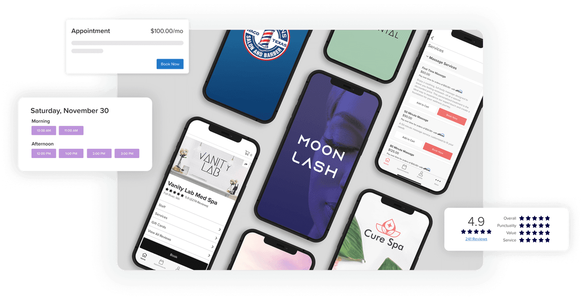 Mobile devices showing a variety of custom business apps for online booking and appointment scheduling