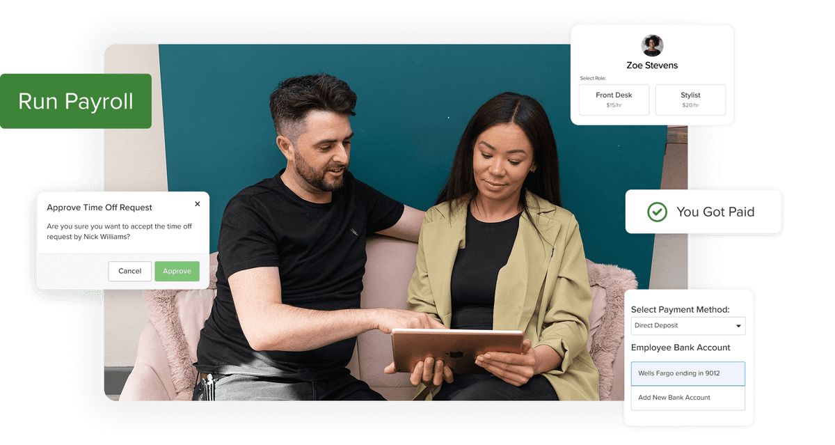 Beauty salon owners using payroll software to approve time off and manage employees