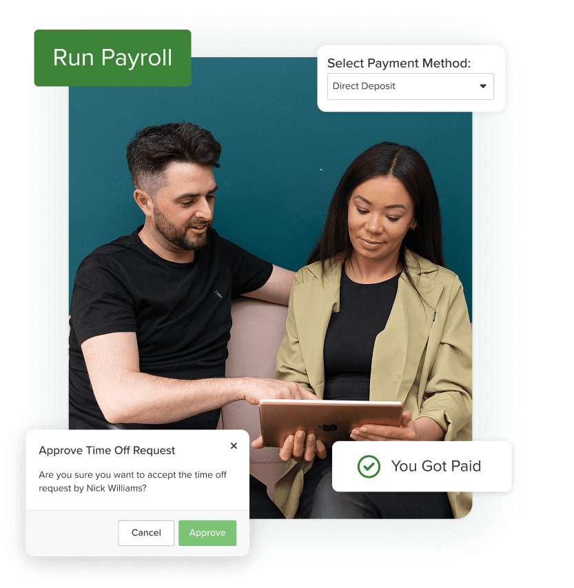 Beauty salon owners using payroll software to approve time off and manage employees