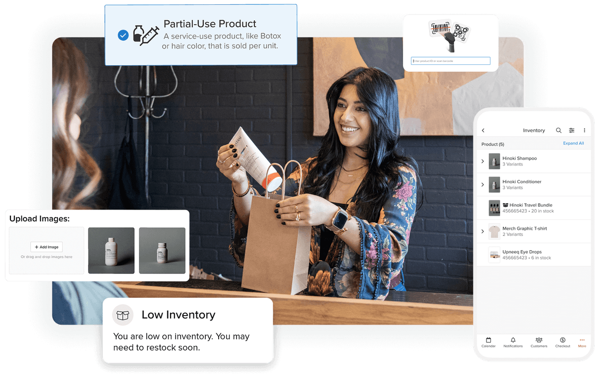 Salon owner checking out a client who just purchased a hair product with inventory management graphic