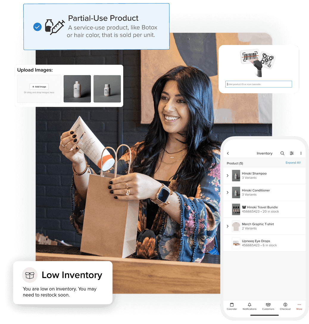 Salon owner checking out a client who just purchased a hair product with inventory management graphic