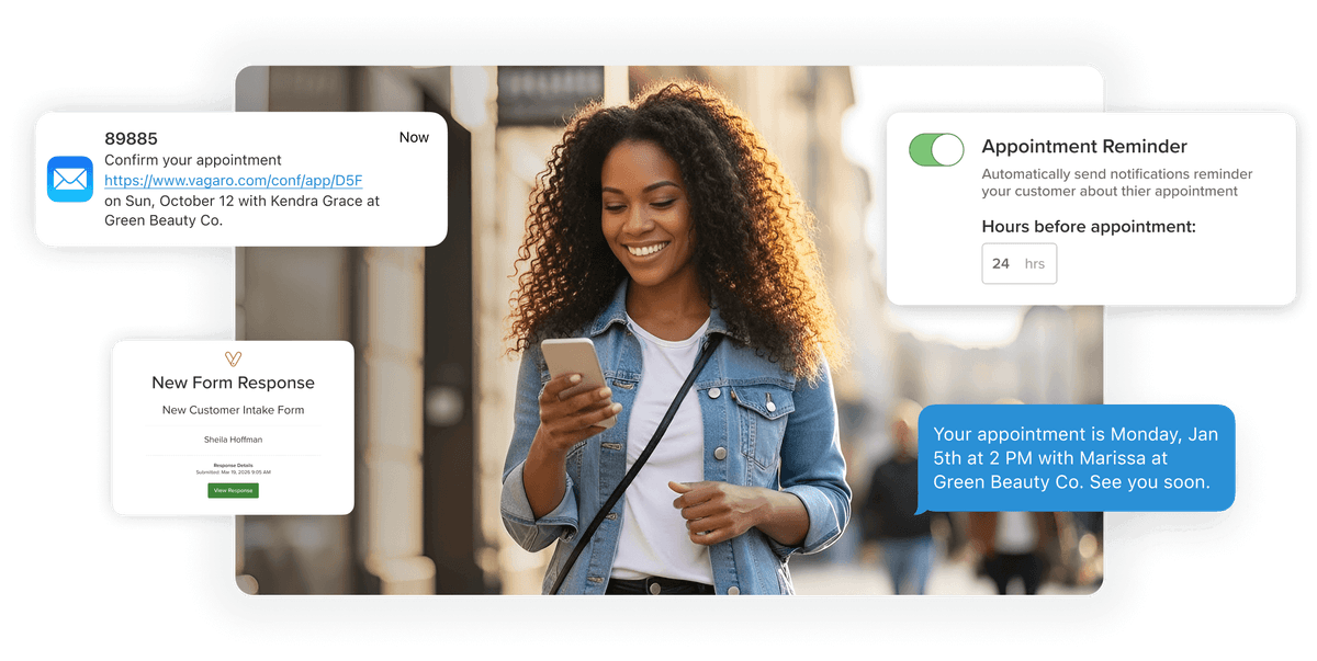 Woman walking down the street looking at an appointment reminder text she just received