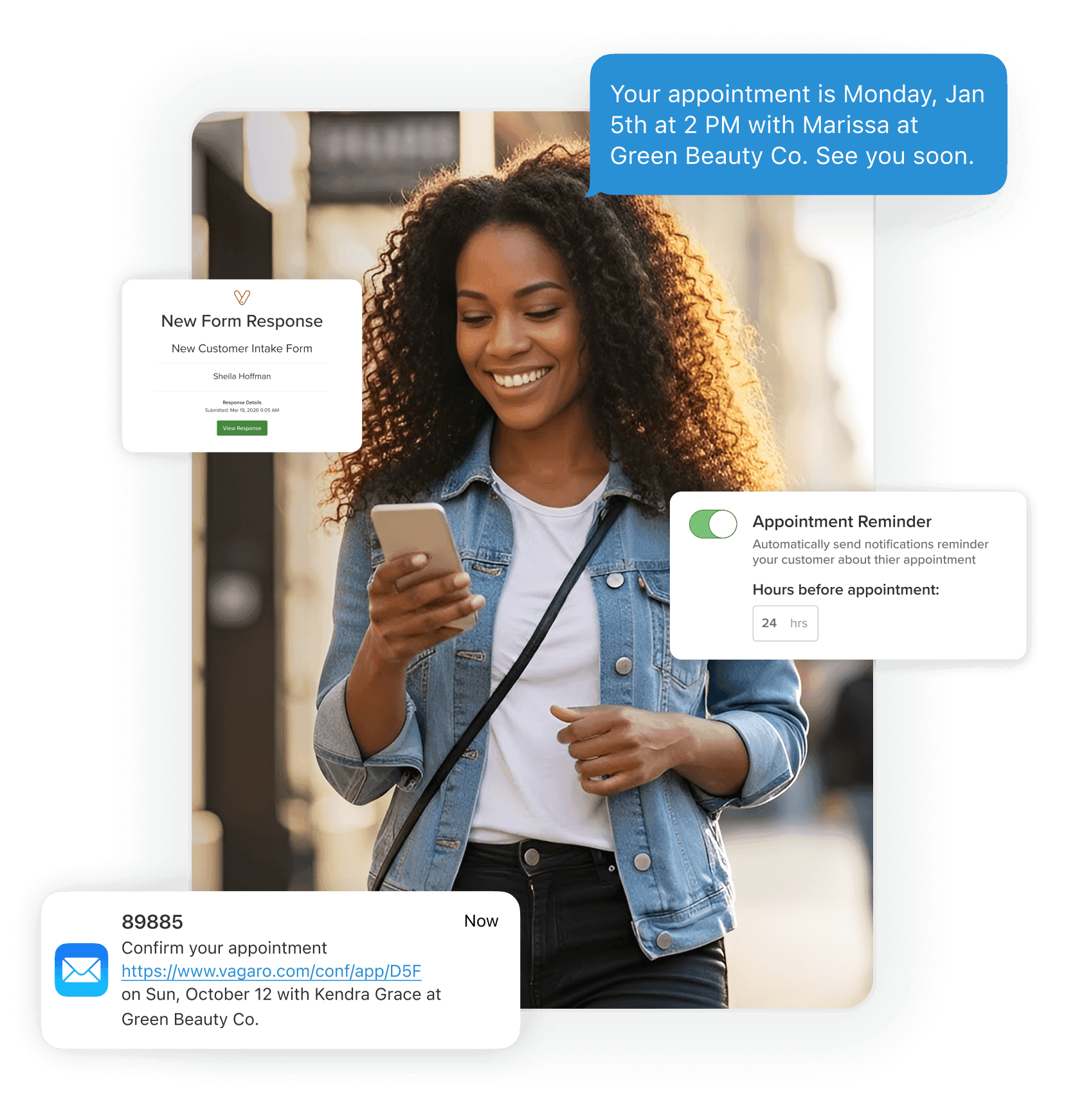 Woman walking down the street looking at an appointment reminder text she just received