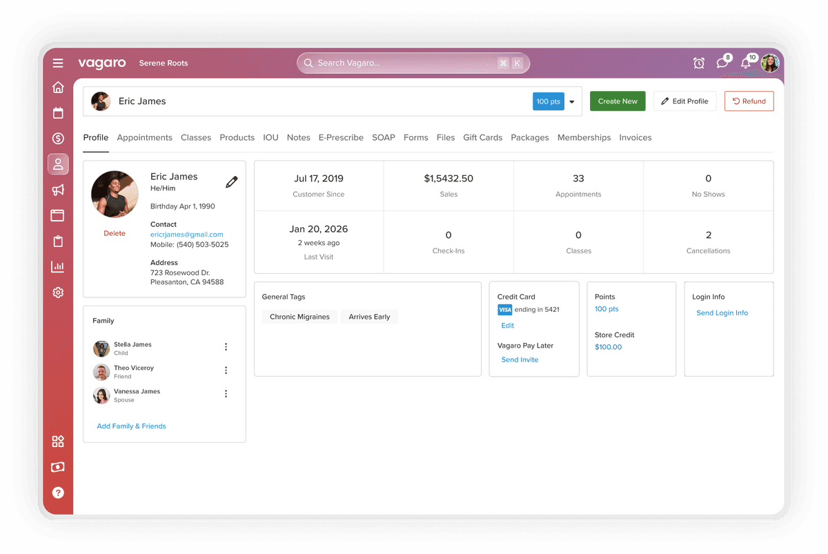Software screen with client information, appointment history and credit card on file for CRM