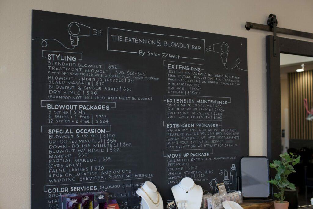 An example service menu from a salon